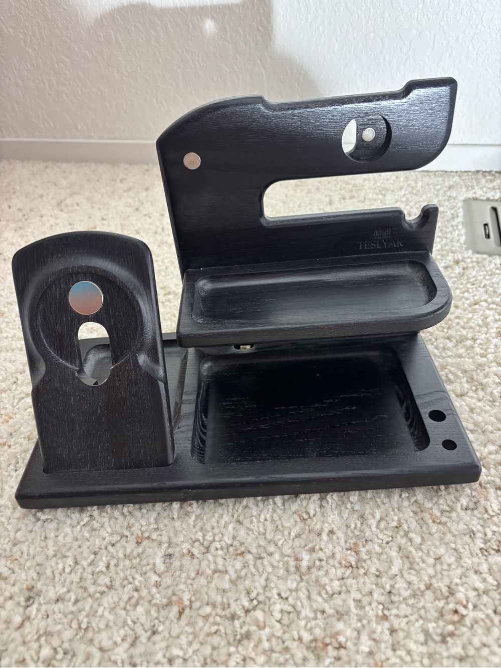 Black wood pocket drop phone and watch charging station